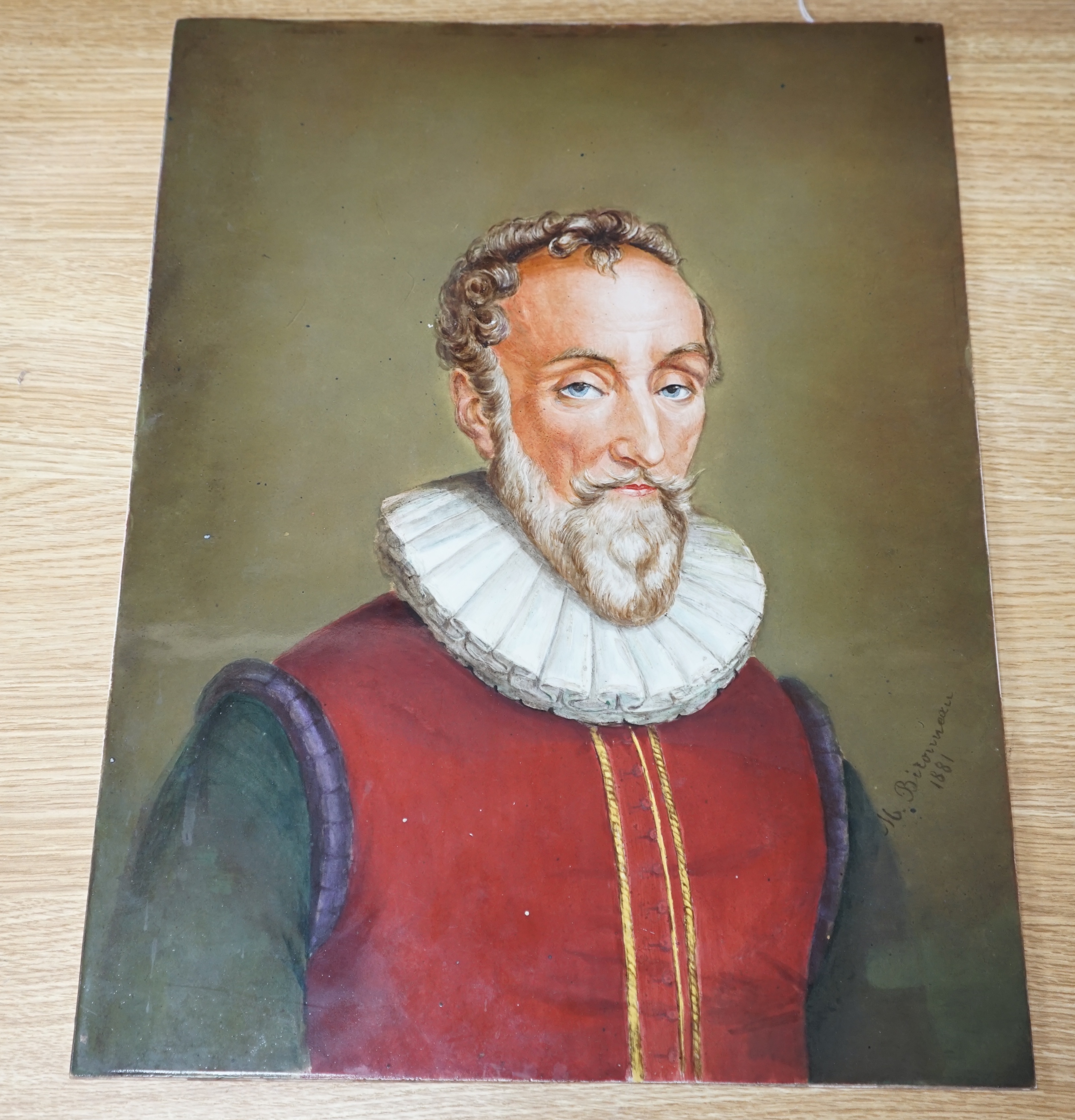 A 19th century Continental porcelain plaque of Cervantes, indistinctly signed, 45.5 x 34.5cm. Condition - good